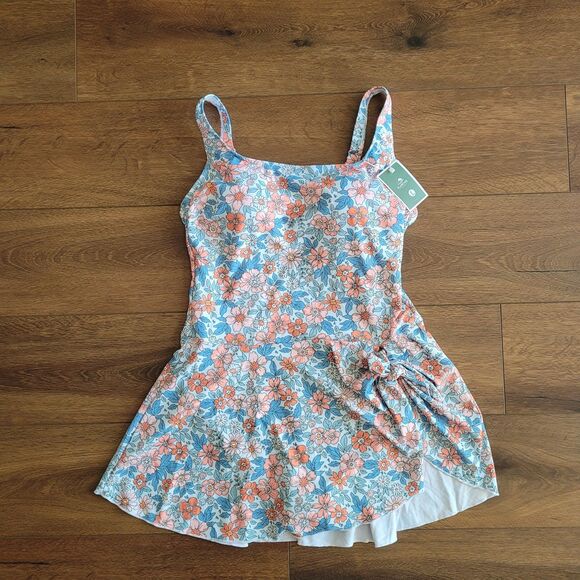 Eomenie NEW Swimsuit Sz L Skirted Dress One Piece Floral Side Tie w TAGS - Picture 1 of 16